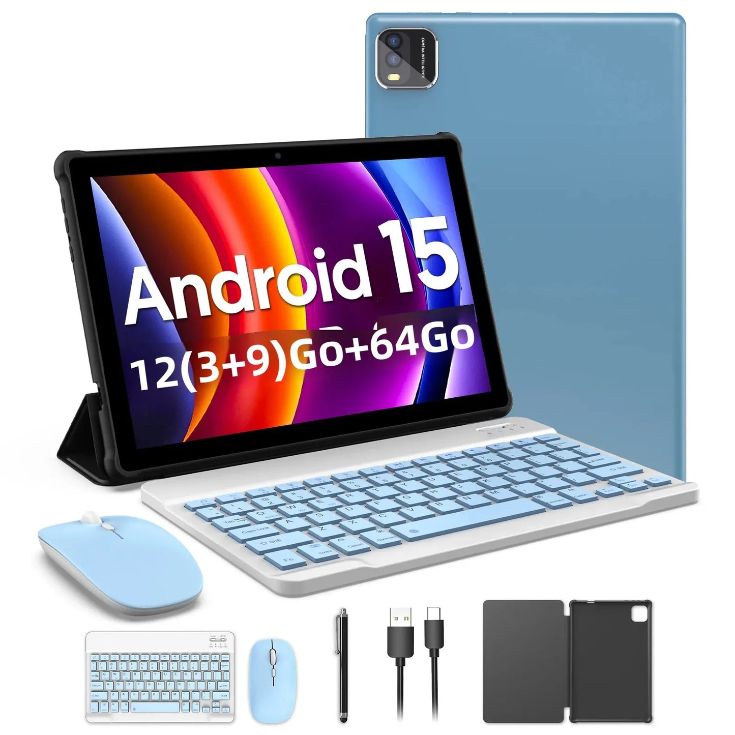 10-inch Android 15 tablet, quad-core processor, 12GB (3+9 expandable) RAM + 64GB storage, 5G WiFi, 1280*800, 2-in-1 Smart Tablet