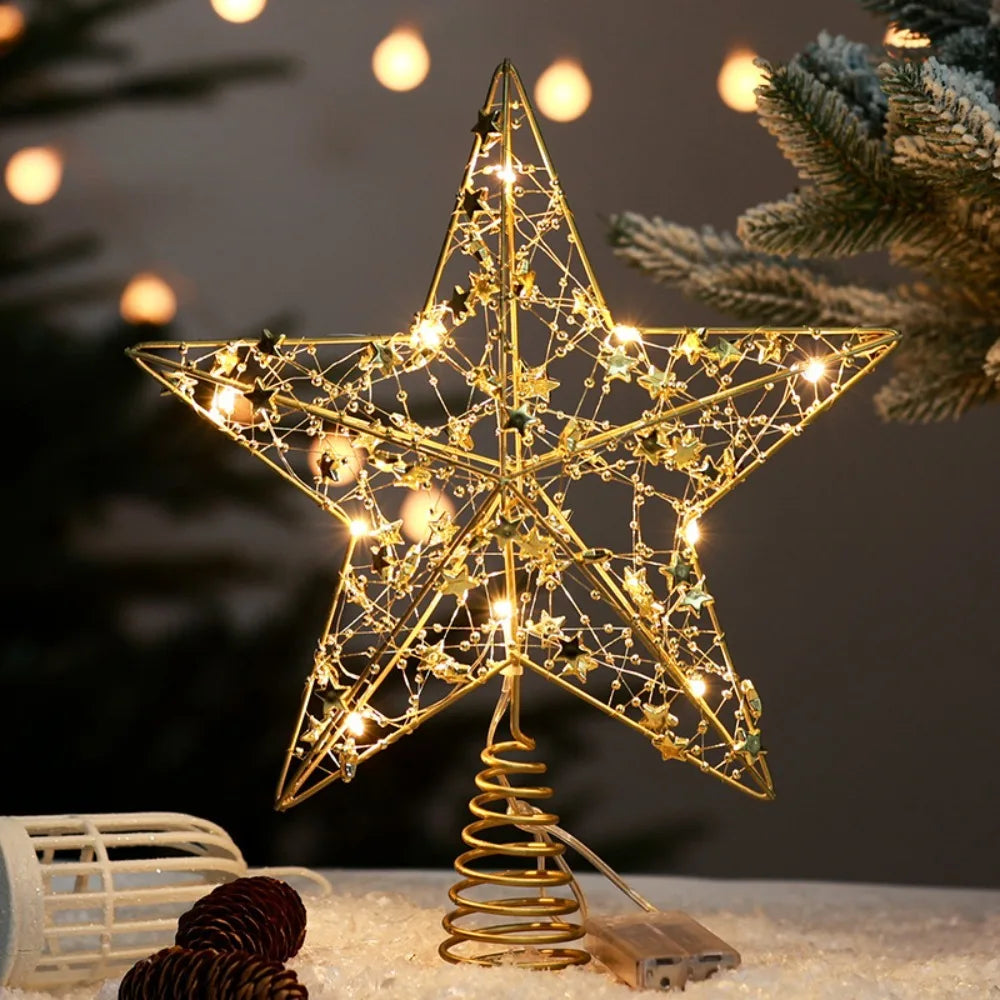 Pearl Wire Christmas Tree Star Topper LED Light 2025 New Year LED Glowing Star Lamp Natal Noel Gold Iron Sparkling Night Light