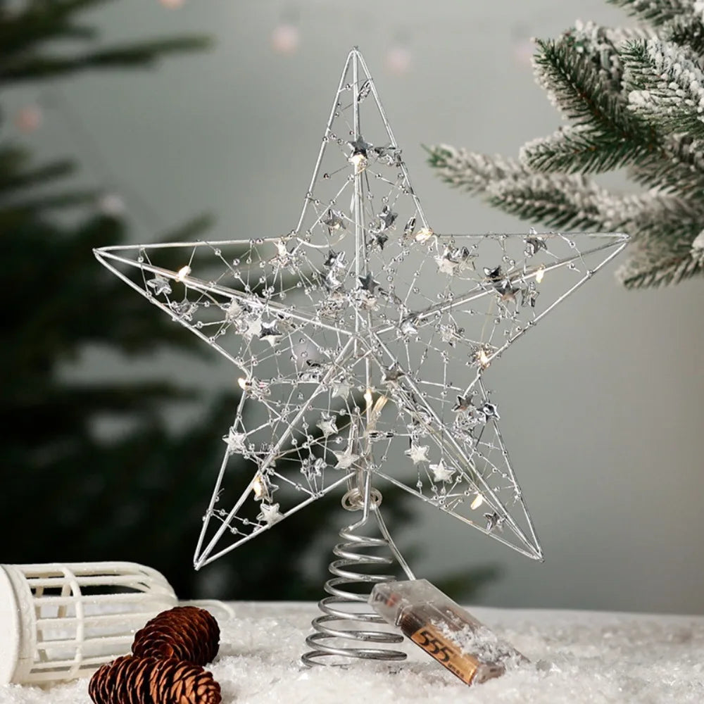 Pearl Wire Christmas Tree Star Topper LED Light 2025 New Year LED Glowing Star Lamp Natal Noel Gold Iron Sparkling Night Light