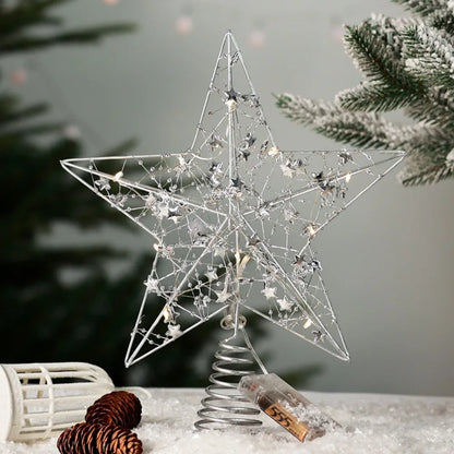 Pearl Wire Christmas Tree Star Topper LED Light 2025 New Year LED Glowing Star Lamp Natal Noel Gold Iron Sparkling Night Light
