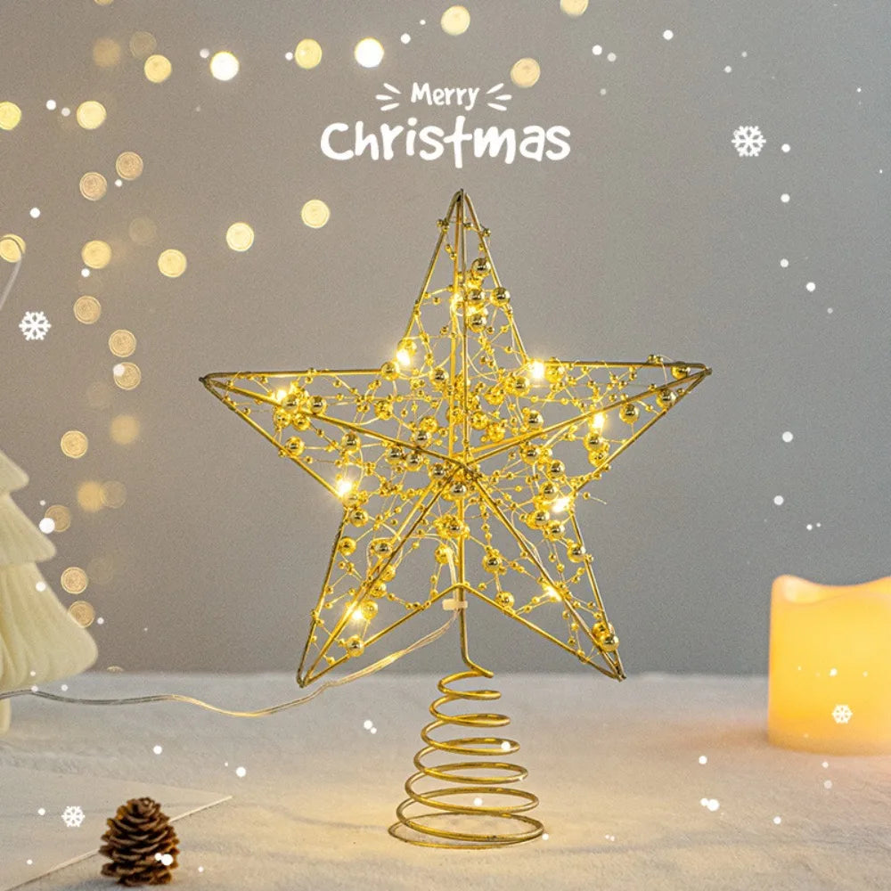 Pearl Wire Christmas Tree Star Topper LED Light 2025 New Year LED Glowing Star Lamp Natal Noel Gold Iron Sparkling Night Light