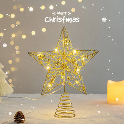 Pearl Wire Christmas Tree Star Topper LED Light 2025 New Year LED Glowing Star Lamp Natal Noel Gold Iron Sparkling Night Light