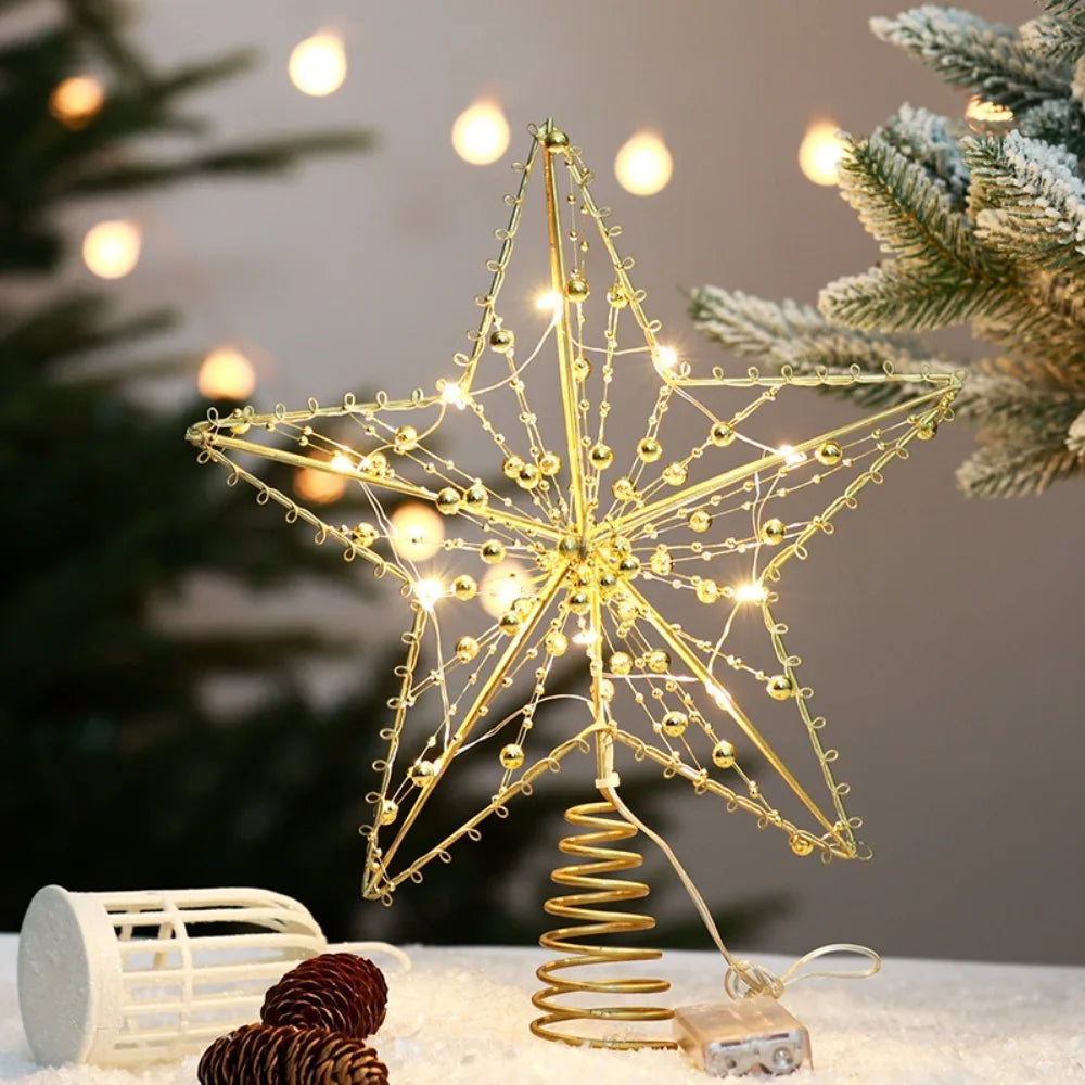 Pearl Wire Christmas Tree Star Topper LED Light 2025 New Year LED Glowing Star Lamp Natal Noel Gold Iron Sparkling Night Light