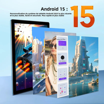 10-inch Android 15 tablet, quad-core processor, 12GB (3+9 expandable) RAM + 64GB storage, 5G WiFi, 1280*800, 2-in-1 Smart Tablet