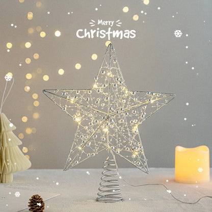 Pearl Wire Christmas Tree Star Topper LED Light 2025 New Year LED Glowing Star Lamp Natal Noel Gold Iron Sparkling Night Light