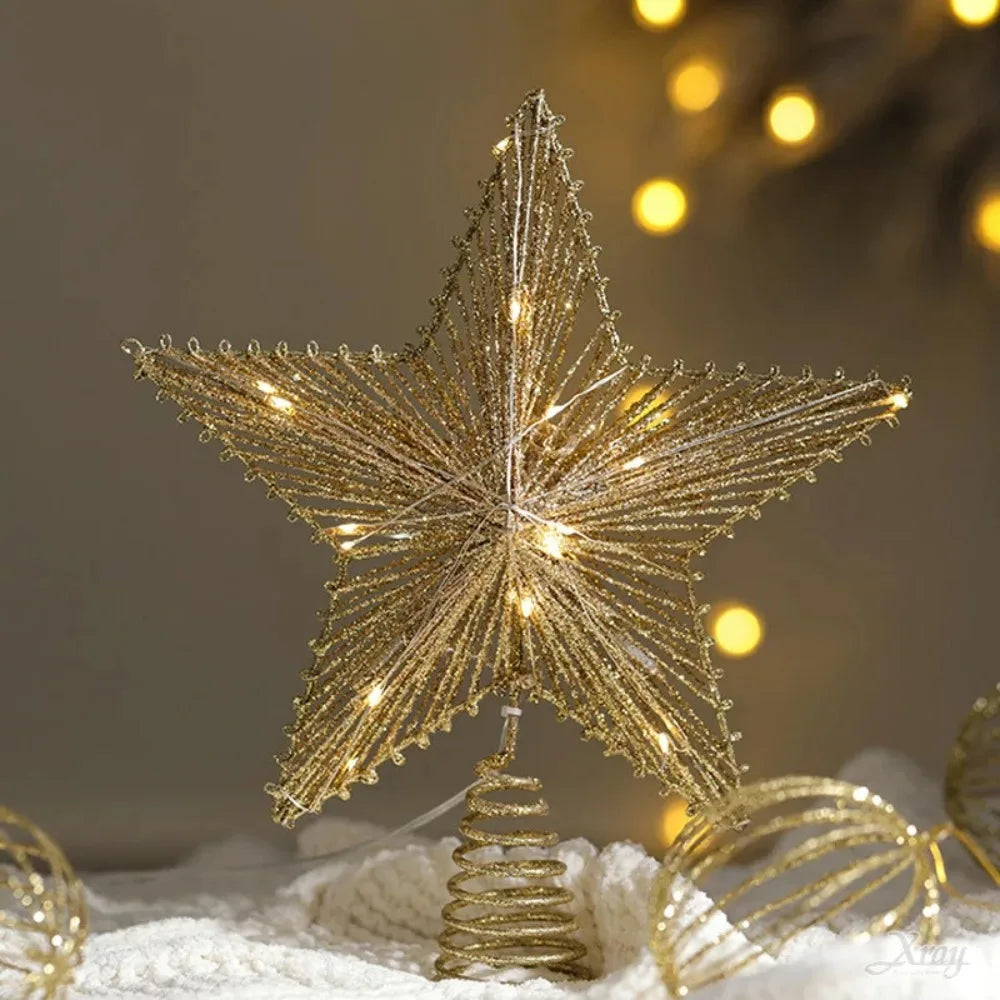 Pearl Wire Christmas Tree Star Topper LED Light 2025 New Year LED Glowing Star Lamp Natal Noel Gold Iron Sparkling Night Light