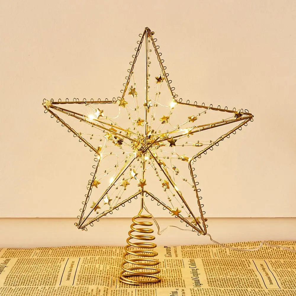 Pearl Wire Christmas Tree Star Topper LED Light 2025 New Year LED Glowing Star Lamp Natal Noel Gold Iron Sparkling Night Light