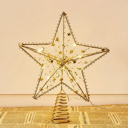 Pearl Wire Christmas Tree Star Topper LED Light 2025 New Year LED Glowing Star Lamp Natal Noel Gold Iron Sparkling Night Light