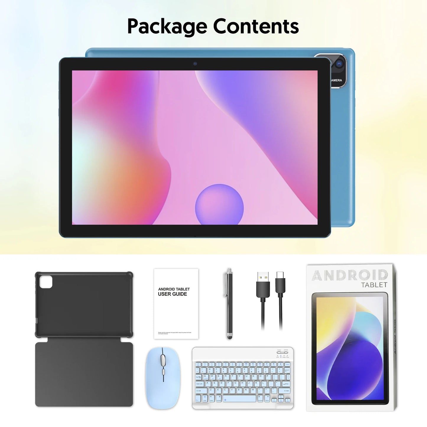 10-inch Android 15 tablet, quad-core processor, 12GB (3+9 expandable) RAM + 64GB storage, 5G WiFi, 1280*800, 2-in-1 Smart Tablet