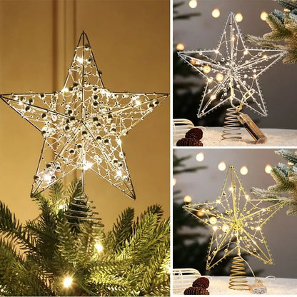 Pearl Wire Christmas Tree Star Topper LED Light 2025 New Year LED Glowing Star Lamp Natal Noel Gold Iron Sparkling Night Light