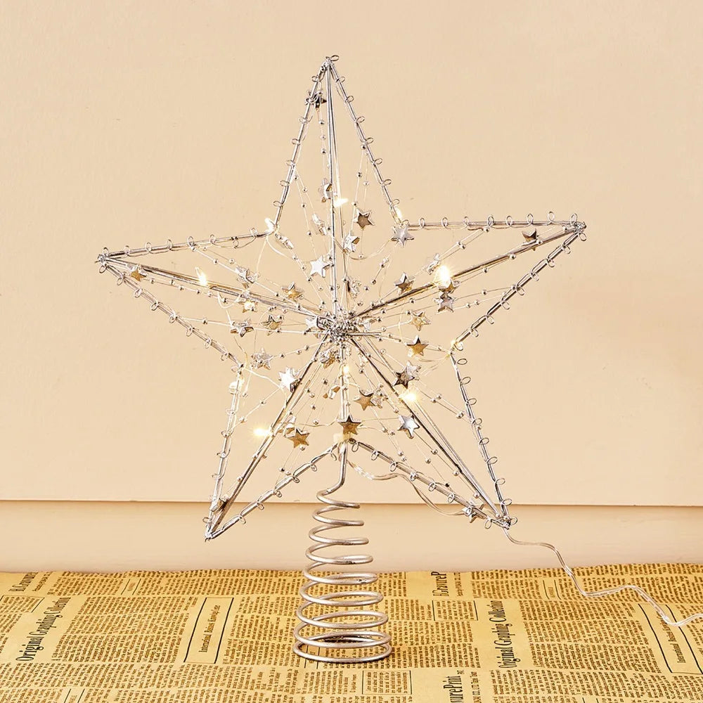 Pearl Wire Christmas Tree Star Topper LED Light 2025 New Year LED Glowing Star Lamp Natal Noel Gold Iron Sparkling Night Light