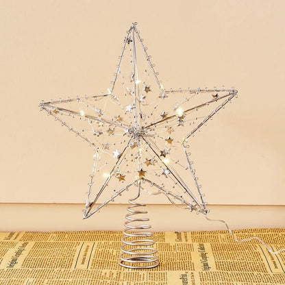Pearl Wire Christmas Tree Star Topper LED Light 2025 New Year LED Glowing Star Lamp Natal Noel Gold Iron Sparkling Night Light