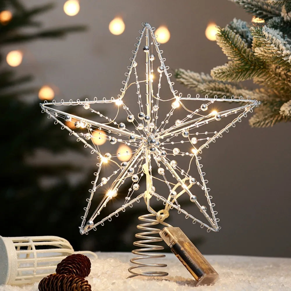 Pearl Wire Christmas Tree Star Topper LED Light 2025 New Year LED Glowing Star Lamp Natal Noel Gold Iron Sparkling Night Light