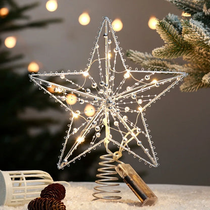 Pearl Wire Christmas Tree Star Topper LED Light 2025 New Year LED Glowing Star Lamp Natal Noel Gold Iron Sparkling Night Light