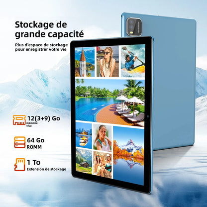 10-inch Android 15 tablet, quad-core processor, 12GB (3+9 expandable) RAM + 64GB storage, 5G WiFi, 1280*800, 2-in-1 Smart Tablet