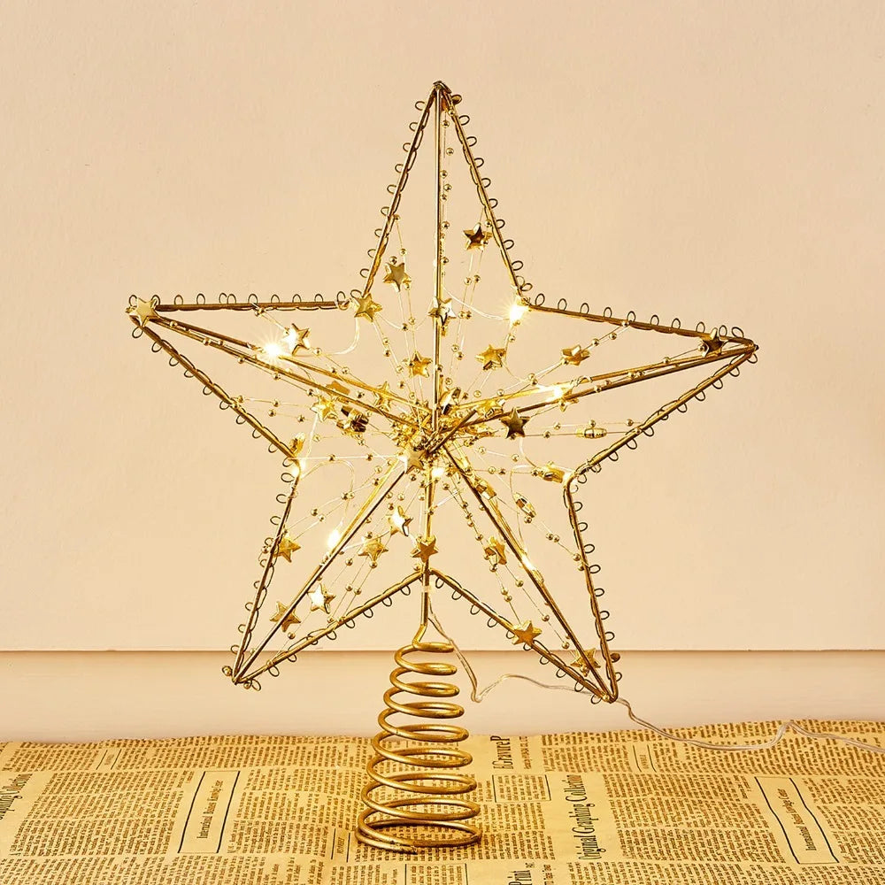 Pearl Wire Christmas Tree Star Topper LED Light 2025 New Year LED Glowing Star Lamp Natal Noel Gold Iron Sparkling Night Light