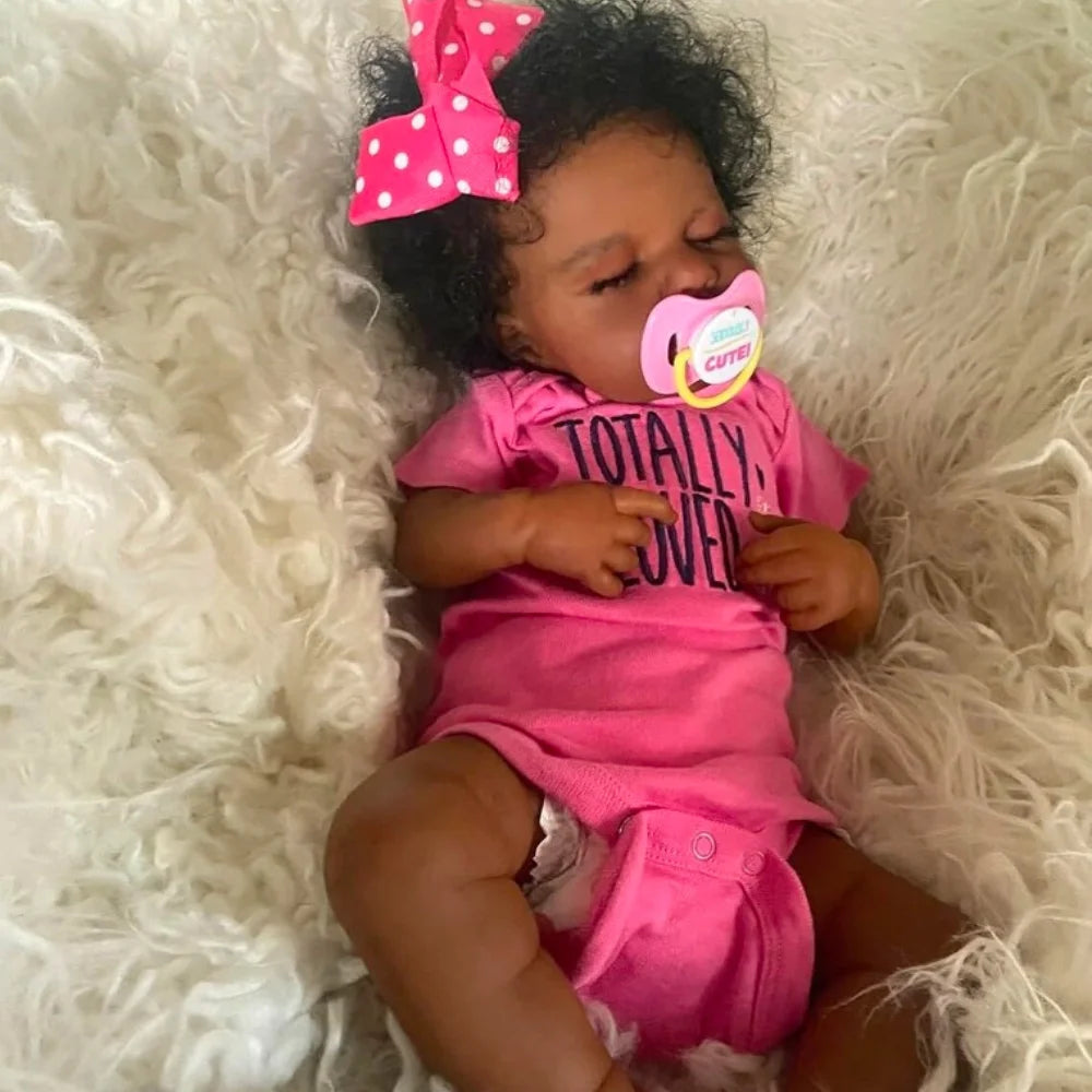 50 CM Finished Reborn Baby Doll LouLou Sleeping African American Girl Newborn Dark Skin Soft Hand-Rooted Hair Christmas Gift Toy