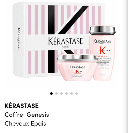 KARASTASE : Coffret Genesis
Cheveux Epais

Un duo de soins fortifiants anti-chute pour cheveux épais et fragilisés. Il comprend un shampoing nourrissant de 250 ml et un masque reconstituant de 200 ml.