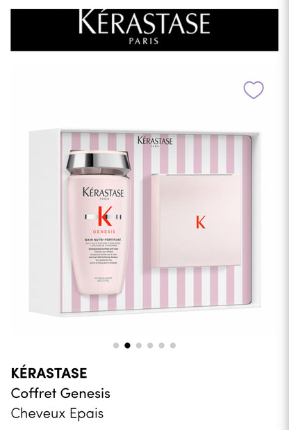 KARASTASE : Coffret Genesis
Cheveux Epais

Un duo de soins fortifiants anti-chute pour cheveux épais et fragilisés. Il comprend un shampoing nourrissant de 250 ml et un masque reconstituant de 200 ml.