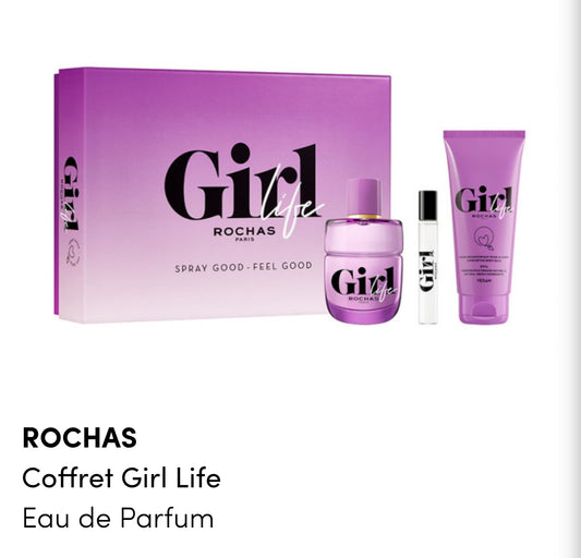 ROCHAS                                  Coffret Girl Life
Eau de Parfum

Ce coffret Rochas contient :
- une eau de parfum Girl Life Rochas 75ml
- un vaporisateur voyage 7,5ml
- un lait corps parfumé 100ml